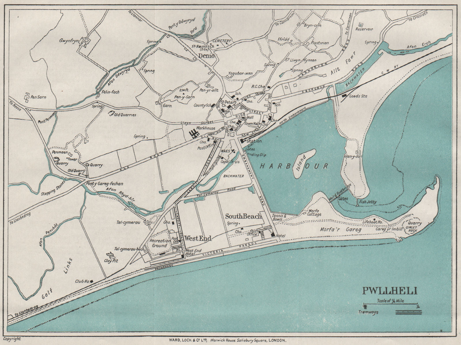 PWLLHELI vintage town/city plan. Wales. WARD LOCK 1923 old antique map chart